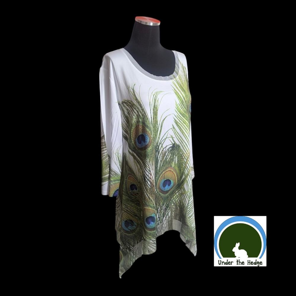 NWT Vtg Indigo Soul White Rhinestone Peacock Asymmetrical Tunic Top | Medium